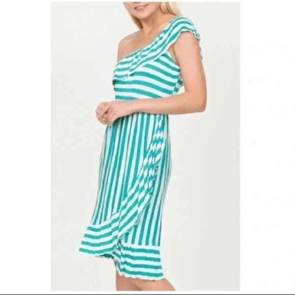 🆕Egs Jade & White Stripe Asymmetric Tulip-
Hem Midi Dress L🆕 - Picture 3 of 9